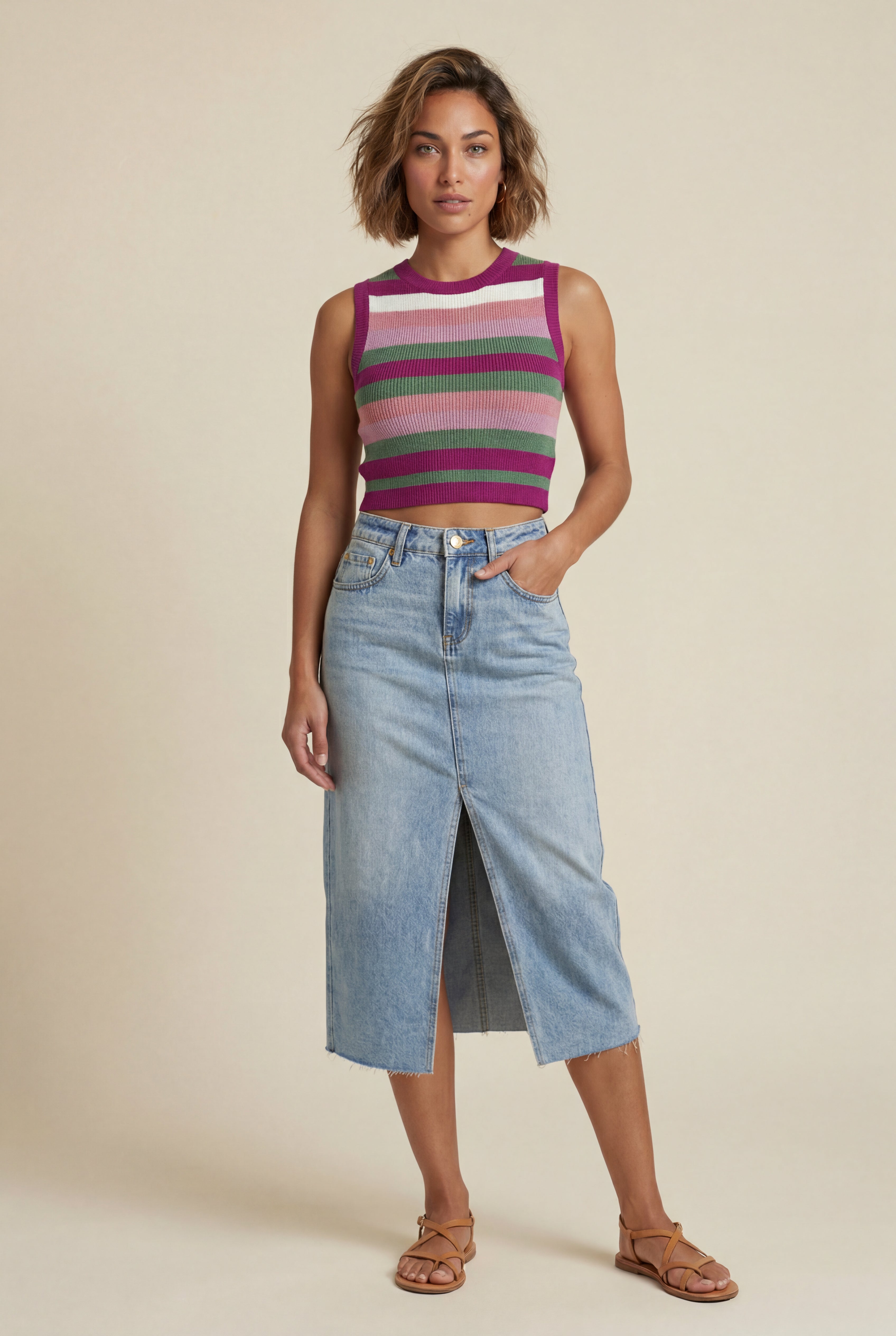 Alessia | High-waisted Raw Hem Front-slit Midi Skirt For Women
