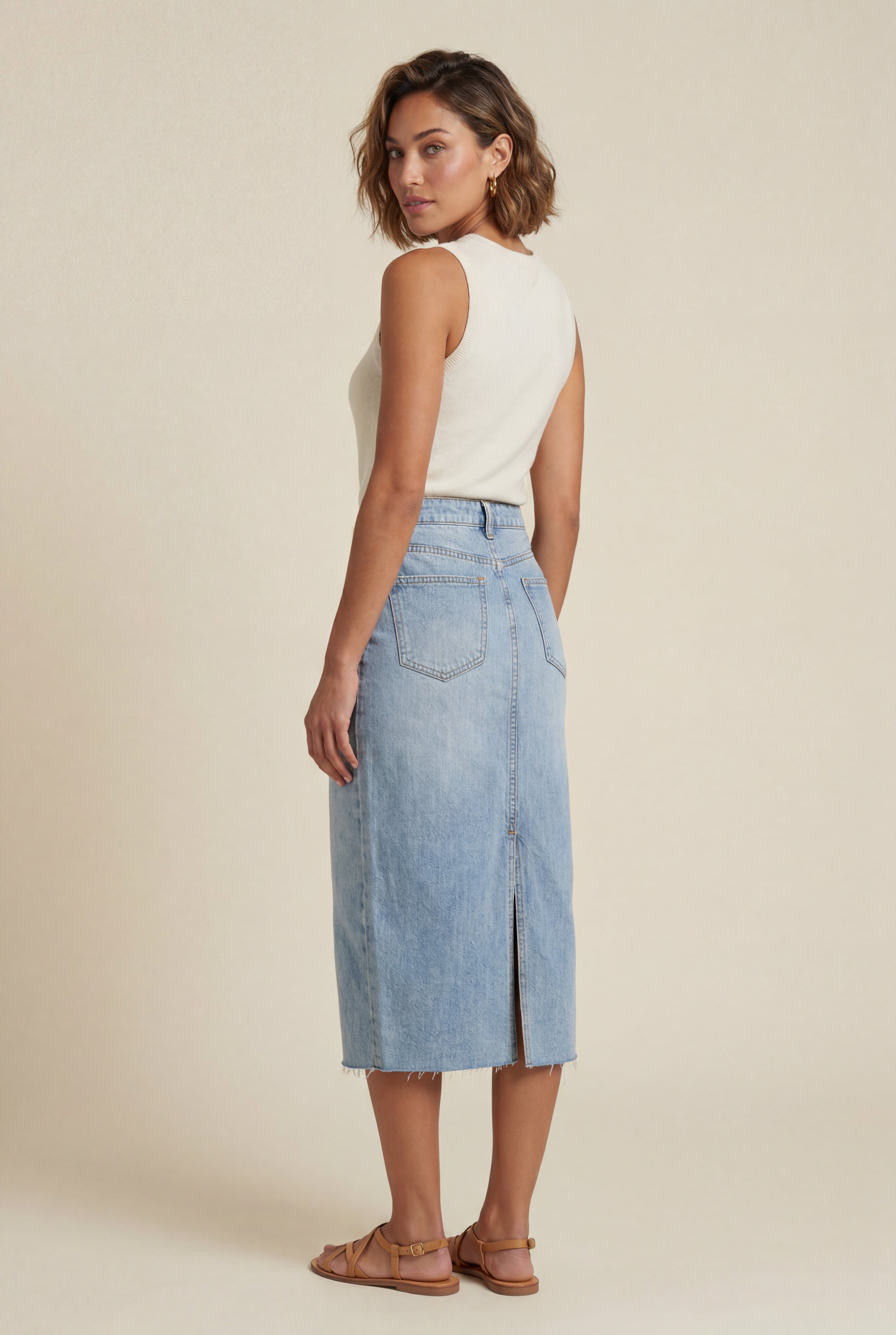 Alessia | High-waisted Raw Hem Front-slit Midi Skirt For Women