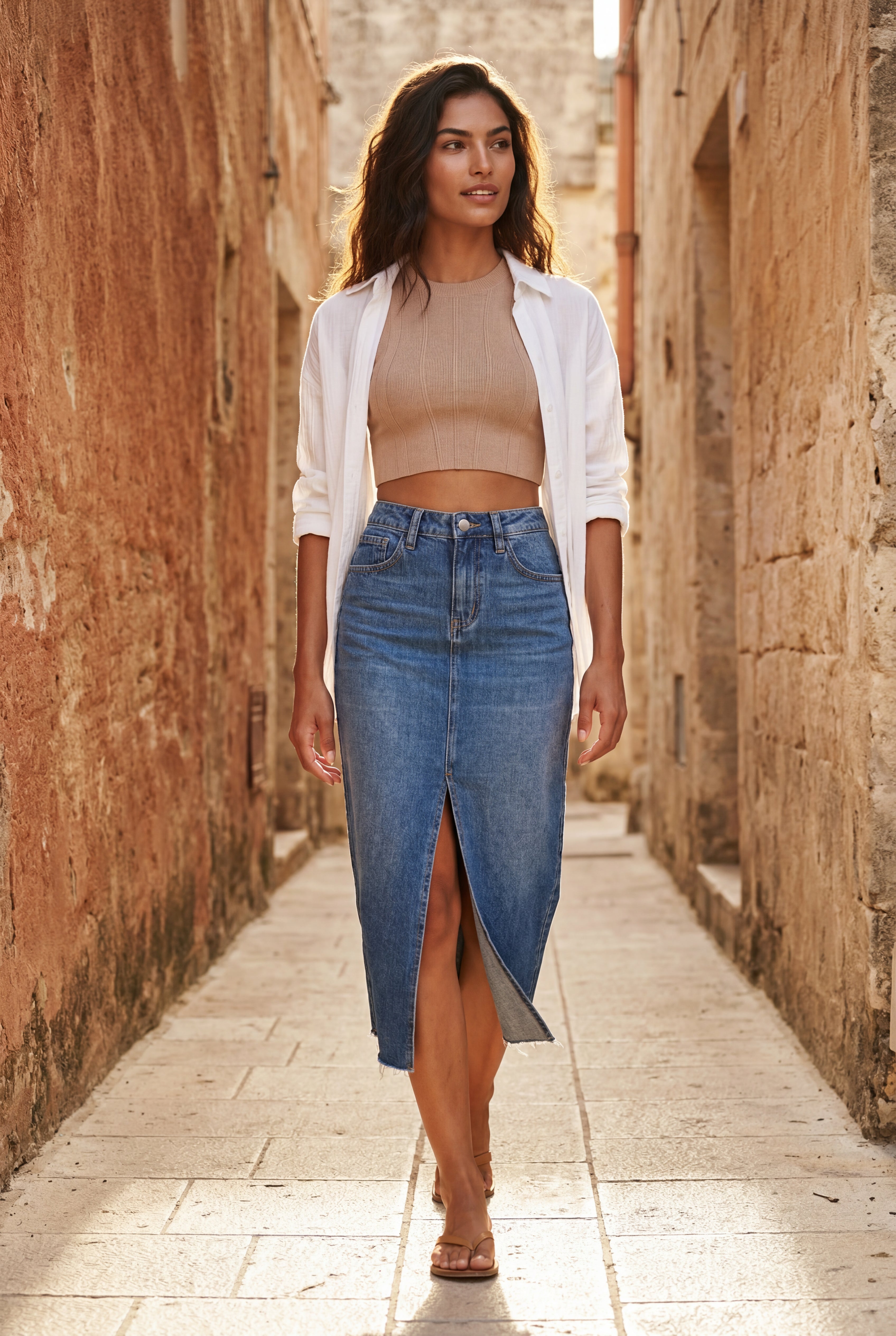 Alessia | High-waisted Raw Hem Front-slit Midi Skirt For Women