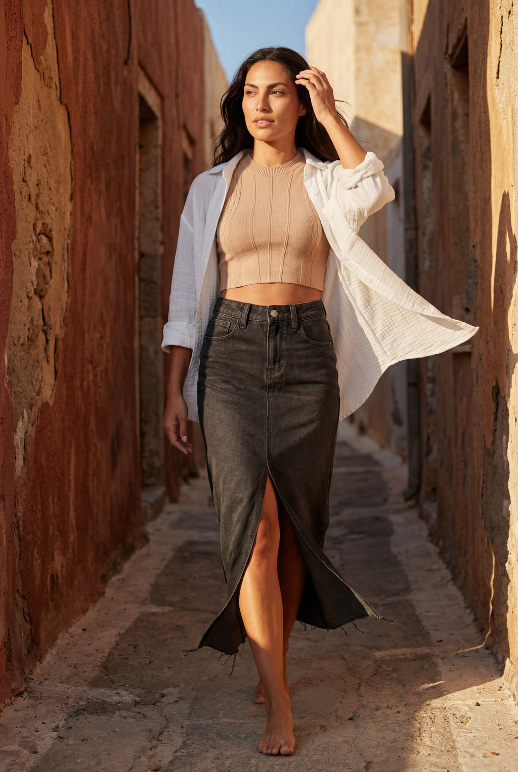 Alessia | High-waisted Raw Hem Front-slit Midi Skirt For Women