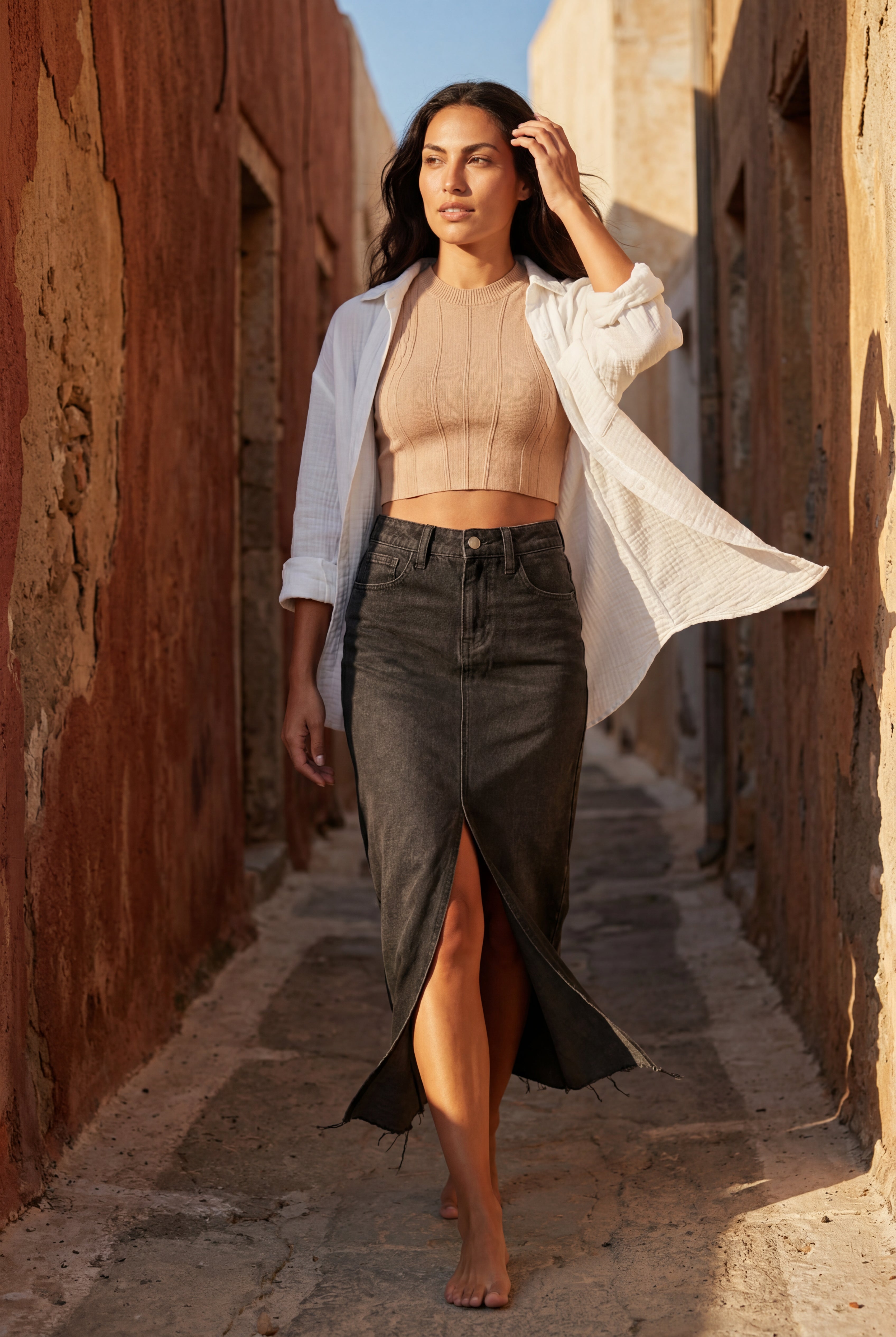 Alessia | High-waisted Raw Hem Front-slit Midi Skirt For Women