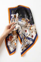 Lieke | Navy Cityscape Print -feel Square Scarf with Bold Border