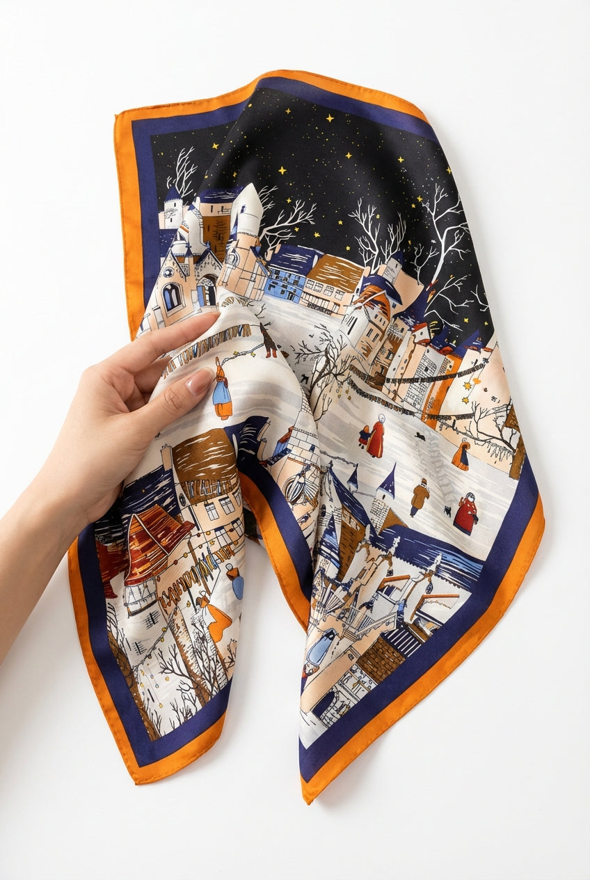 Lieke | Navy Cityscape Print -feel Square Scarf with Bold Border