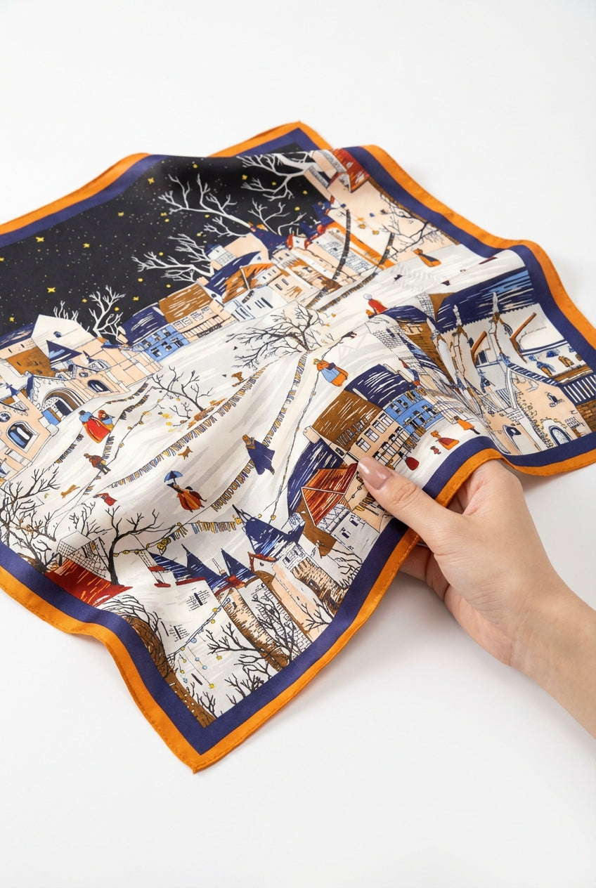 Lieke | Navy Cityscape Print -feel Square Scarf with Bold Border
