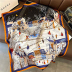 Lieke | Navy Cityscape Print -feel Square Scarf with Bold Border