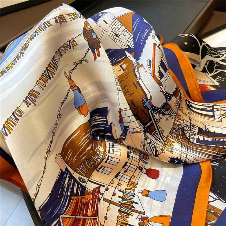 Lieke | Navy Cityscape Print -feel Square Scarf with Bold Border