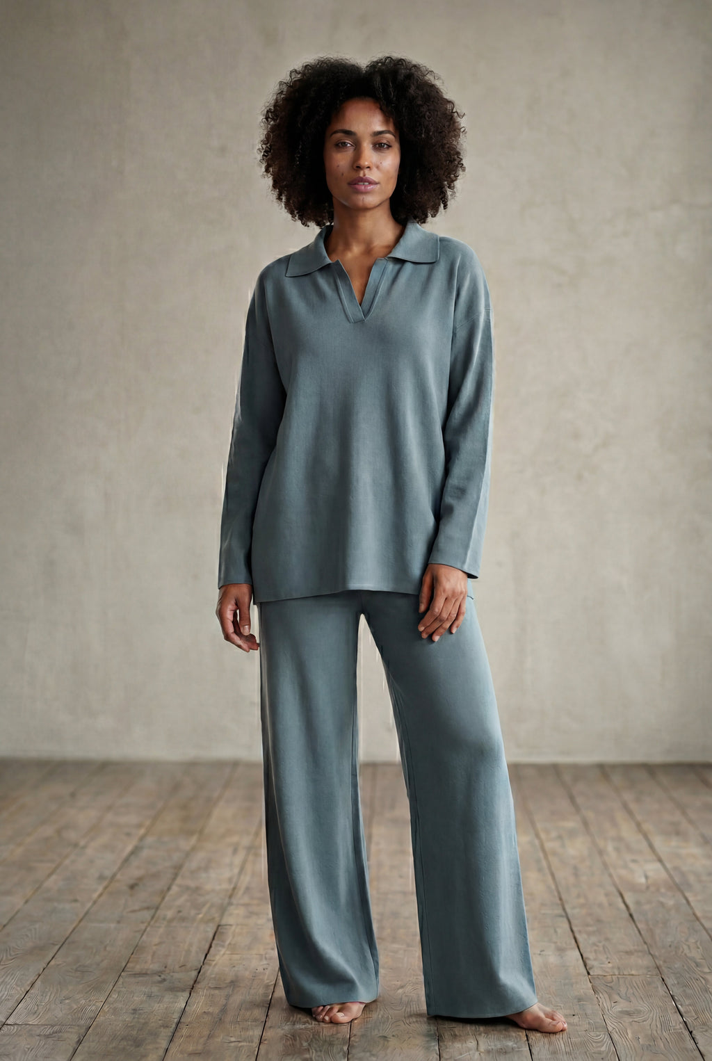 Lia | Oversized Collared Lounge Set with Wide-leg Trousers