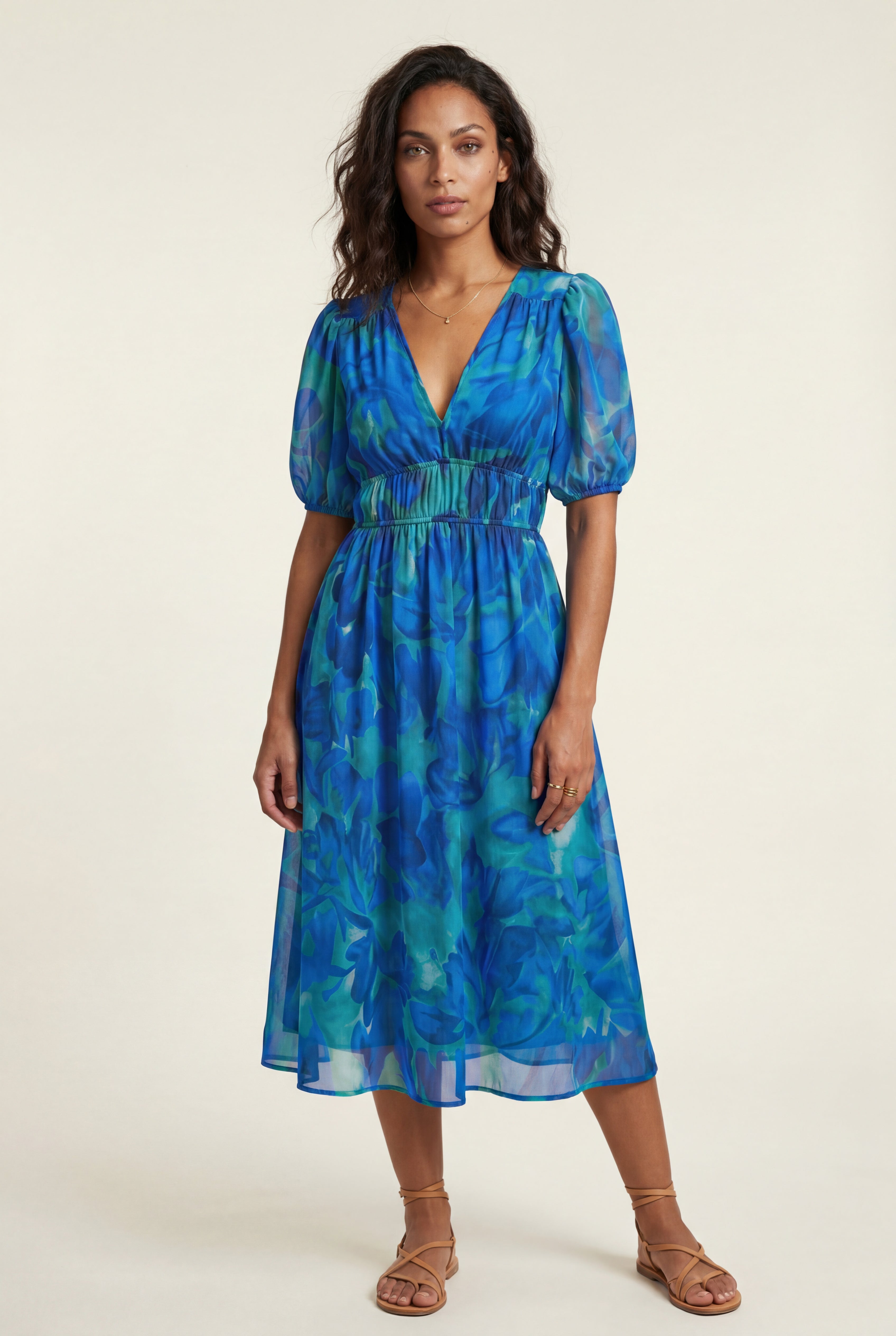 Alyssa | Puff Sleeve V-neck Midi Dress with Elastic Waist For Women