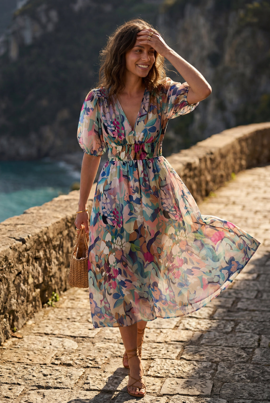 Alyssa | Puff Sleeve V-neck Midi Dress with Elastic Waist For Women