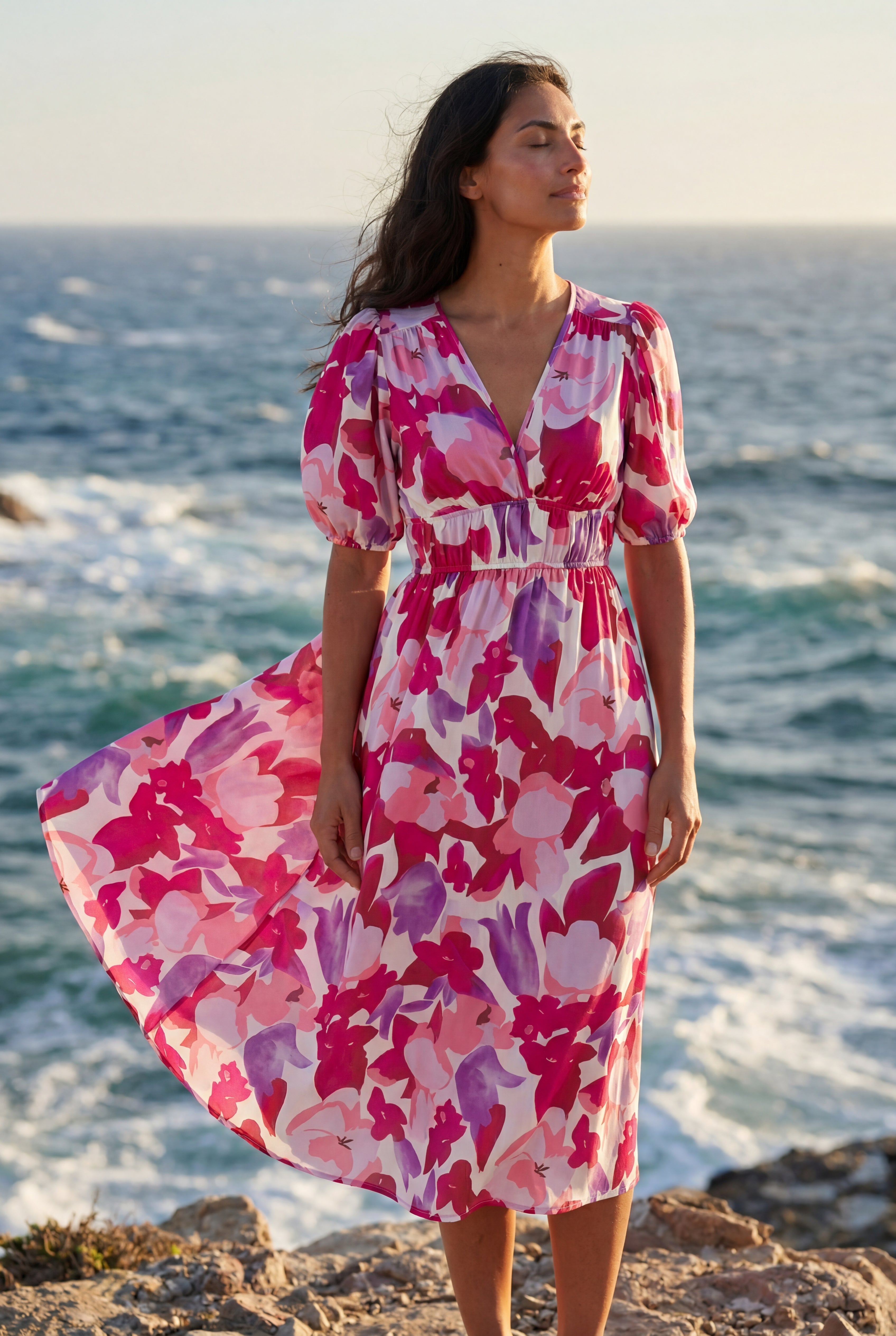 Alyssa | Puff Sleeve V-neck Midi Dress with Elastic Waist For Women