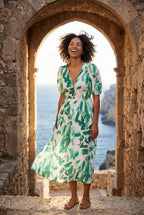 Alyssa | Puff Sleeve V-neck Midi Dress with Elastic Waist For Women