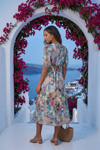 Alyssa | Puff Sleeve V-neck Midi Dress with Elastic Waist For Women