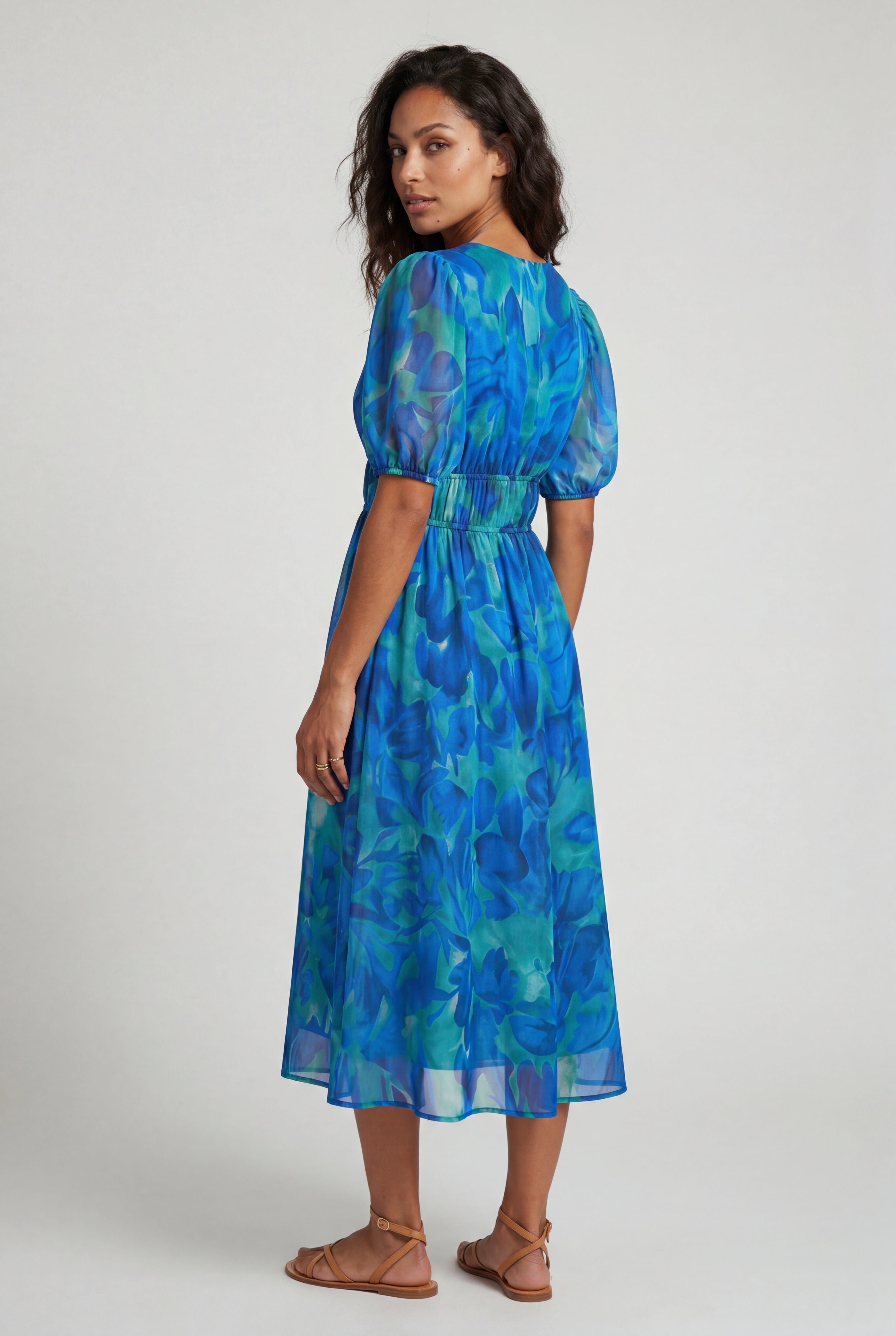 Alyssa | Puff Sleeve V-neck Midi Dress with Elastic Waist For Women