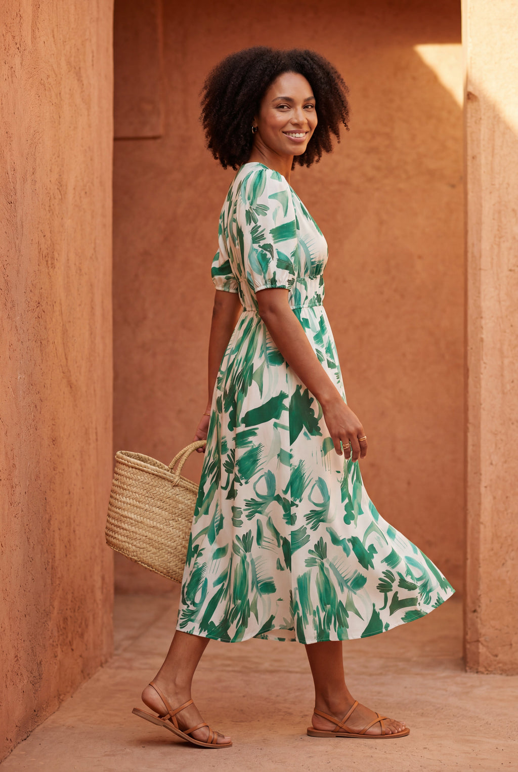 Alyssa | Puff Sleeve V-neck Midi Dress with Elastic Waist For Women