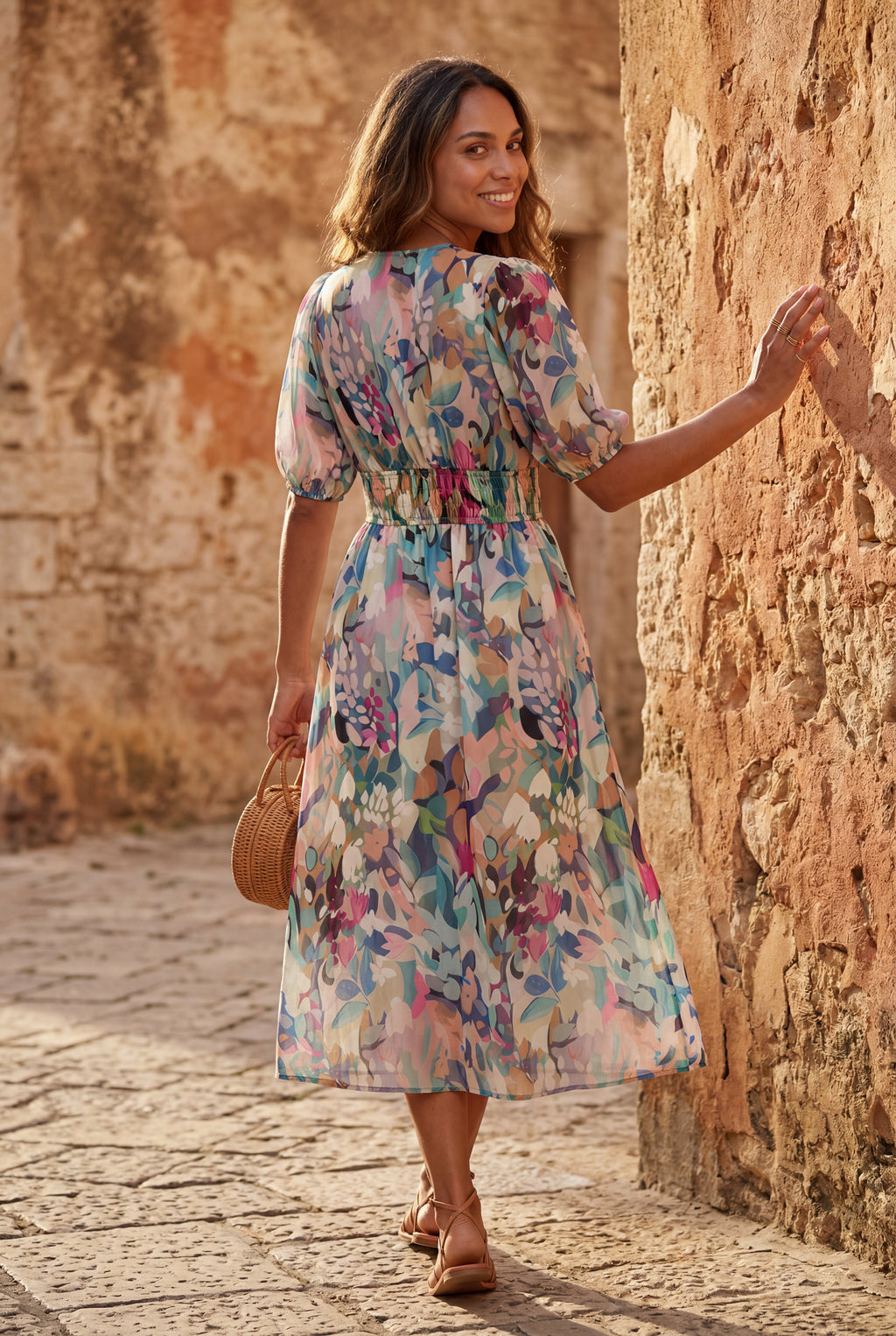 Alyssa | Puff Sleeve V-neck Midi Dress with Elastic Waist For Women