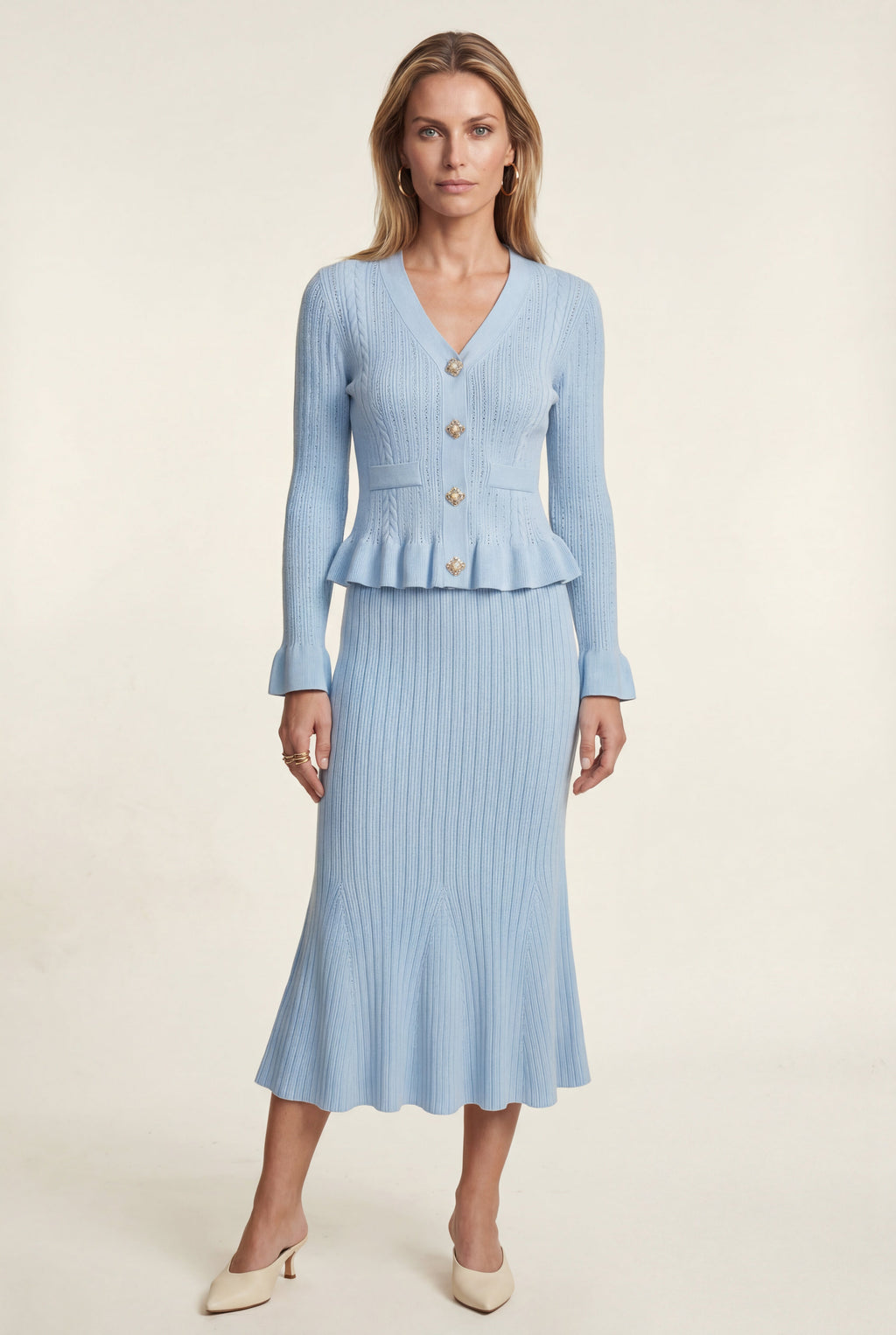 Lia | Ribbed Peplum Cardigan and Fluted Midi Skirt Set