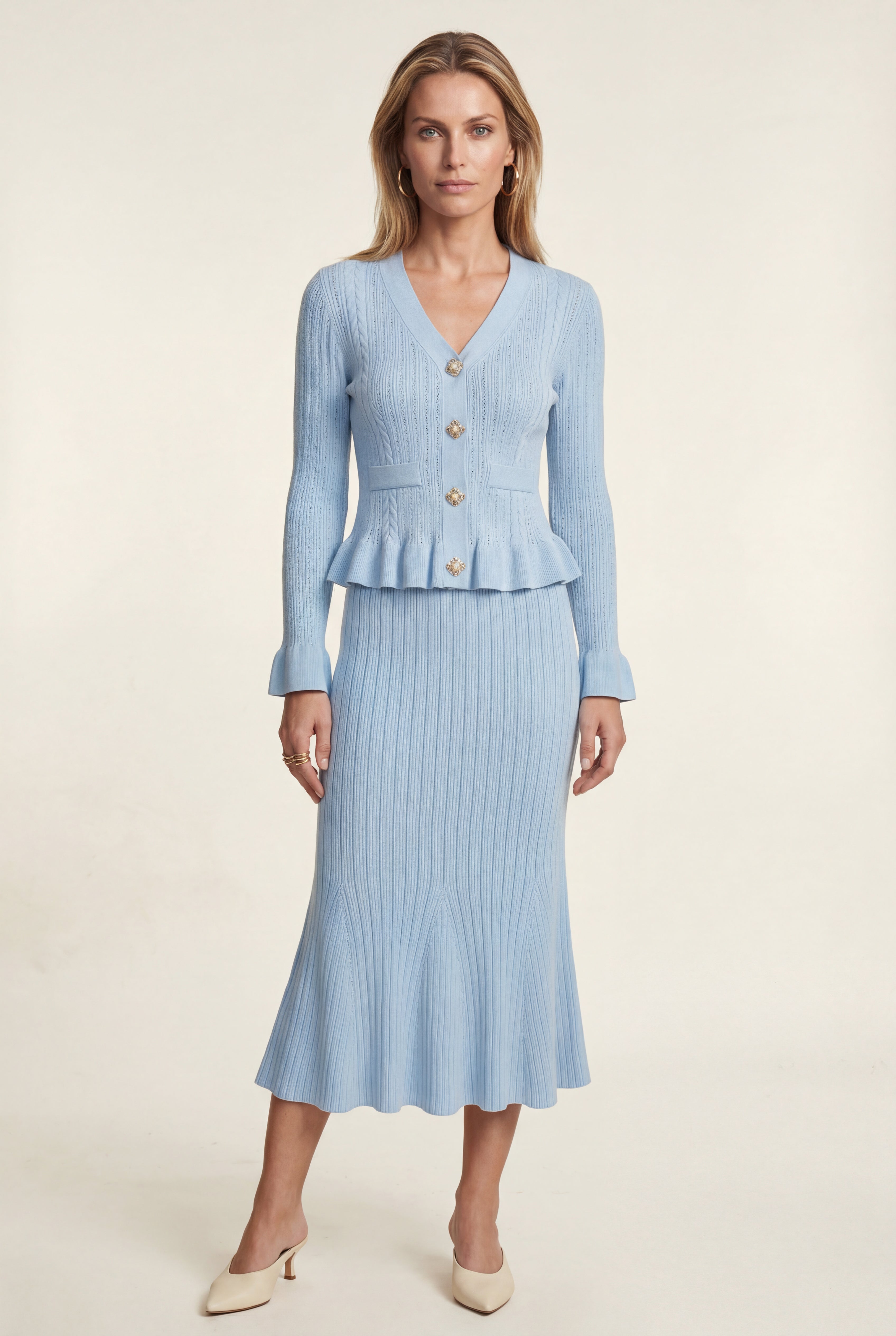 Lia | Ribbed Peplum Cardigan and Fluted Midi Skirt Set