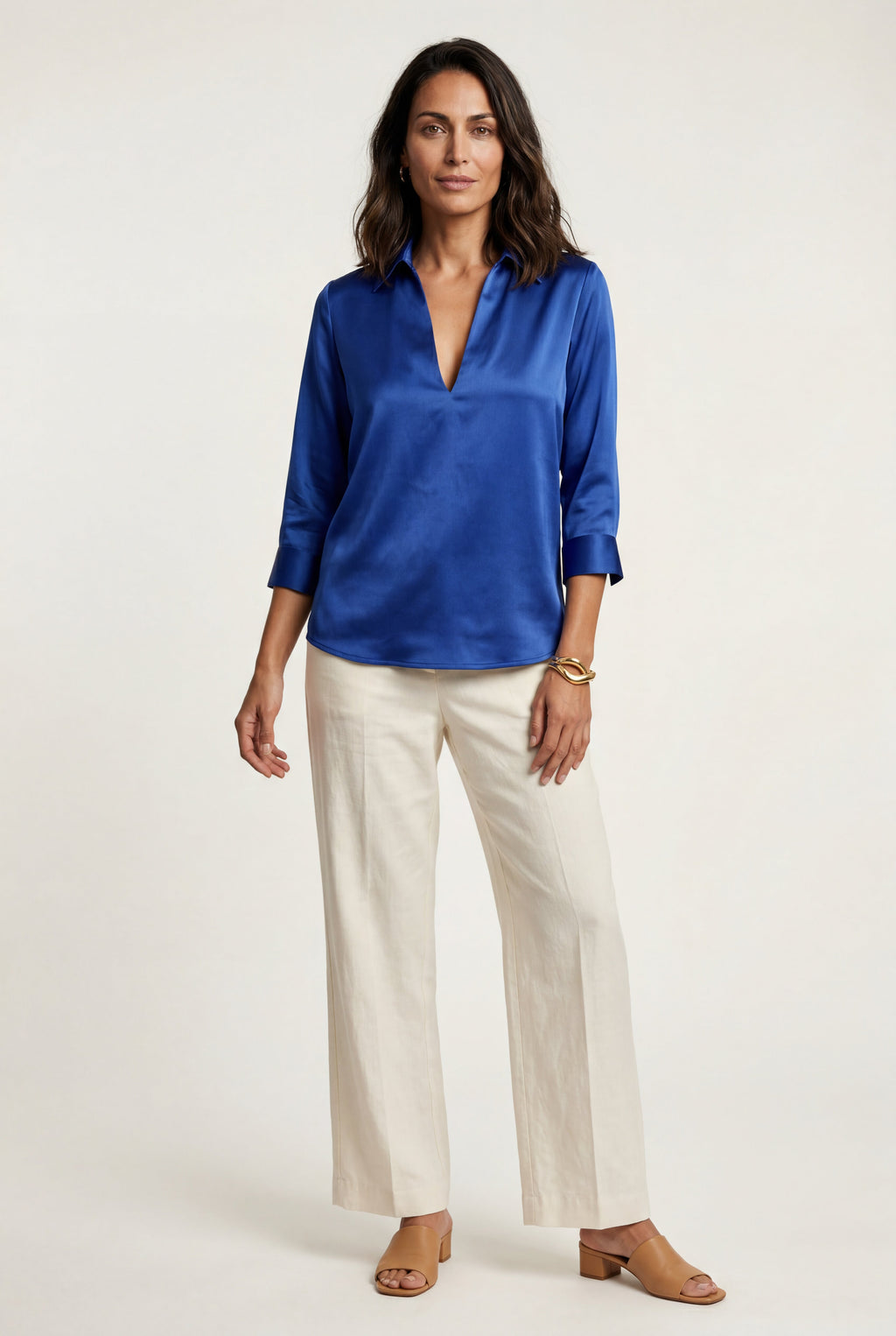 Elcevi | V-neck Relaxed-fit Blouse with Curved Hem For Women