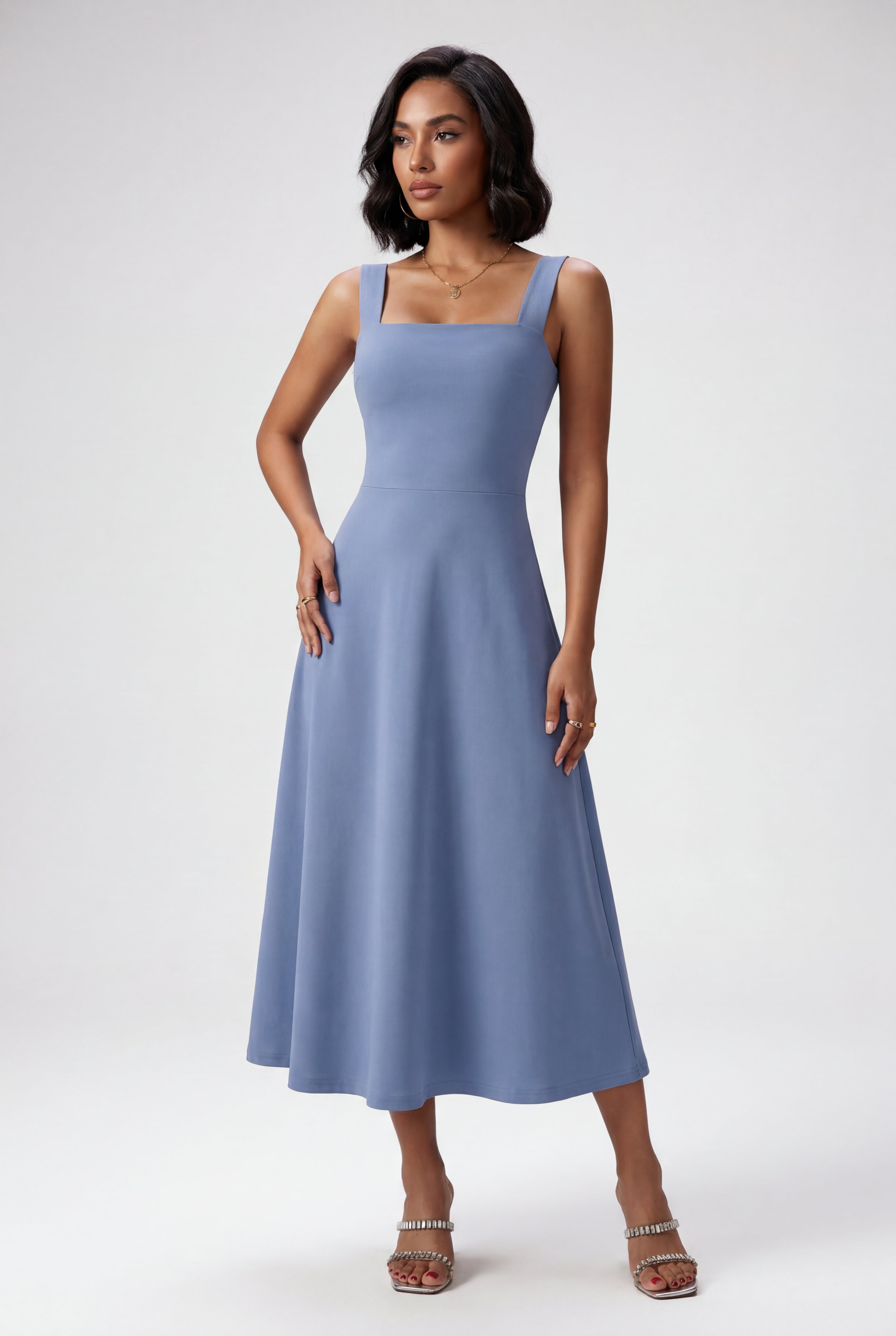 Alessia | Square Neck Sleeveless A-Line Midi Dress For Women