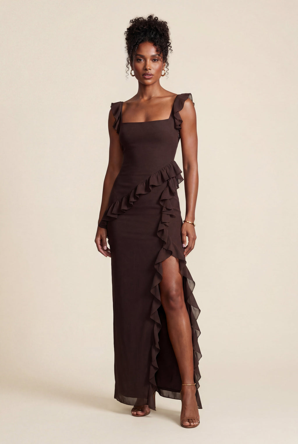 Elcevi | Asymmetric Ruffle Maxi Dress with High Slit For Women
