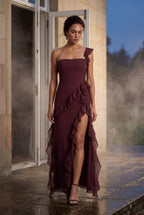 Elcevi | Asymmetric Ruffle Maxi Dress with High Slit For Women