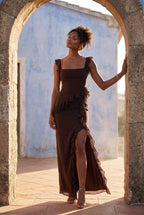 Elcevi | Asymmetric Ruffle Maxi Dress with High Slit For Women
