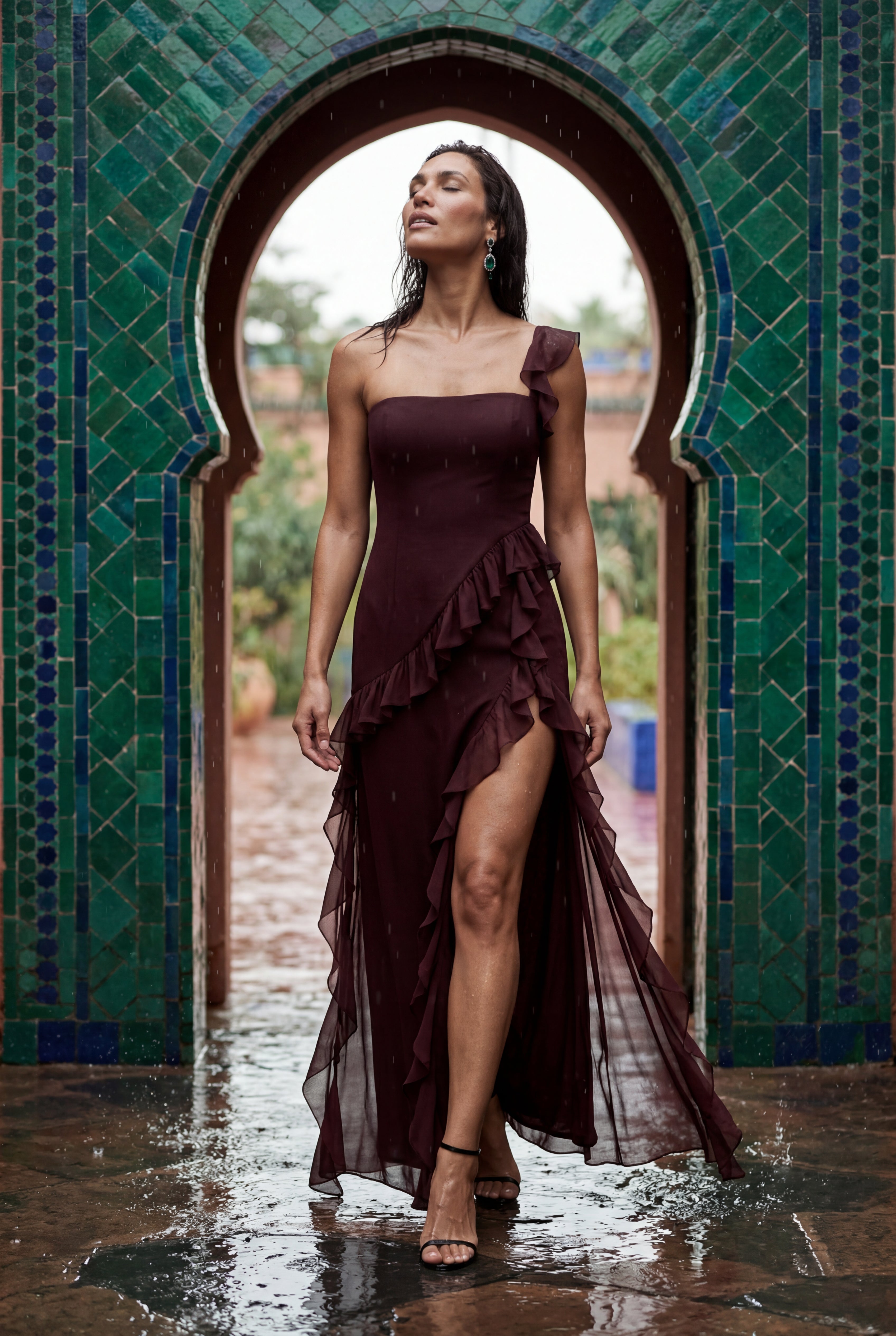 Elcevi | Asymmetric Ruffle Maxi Dress with High Slit For Women