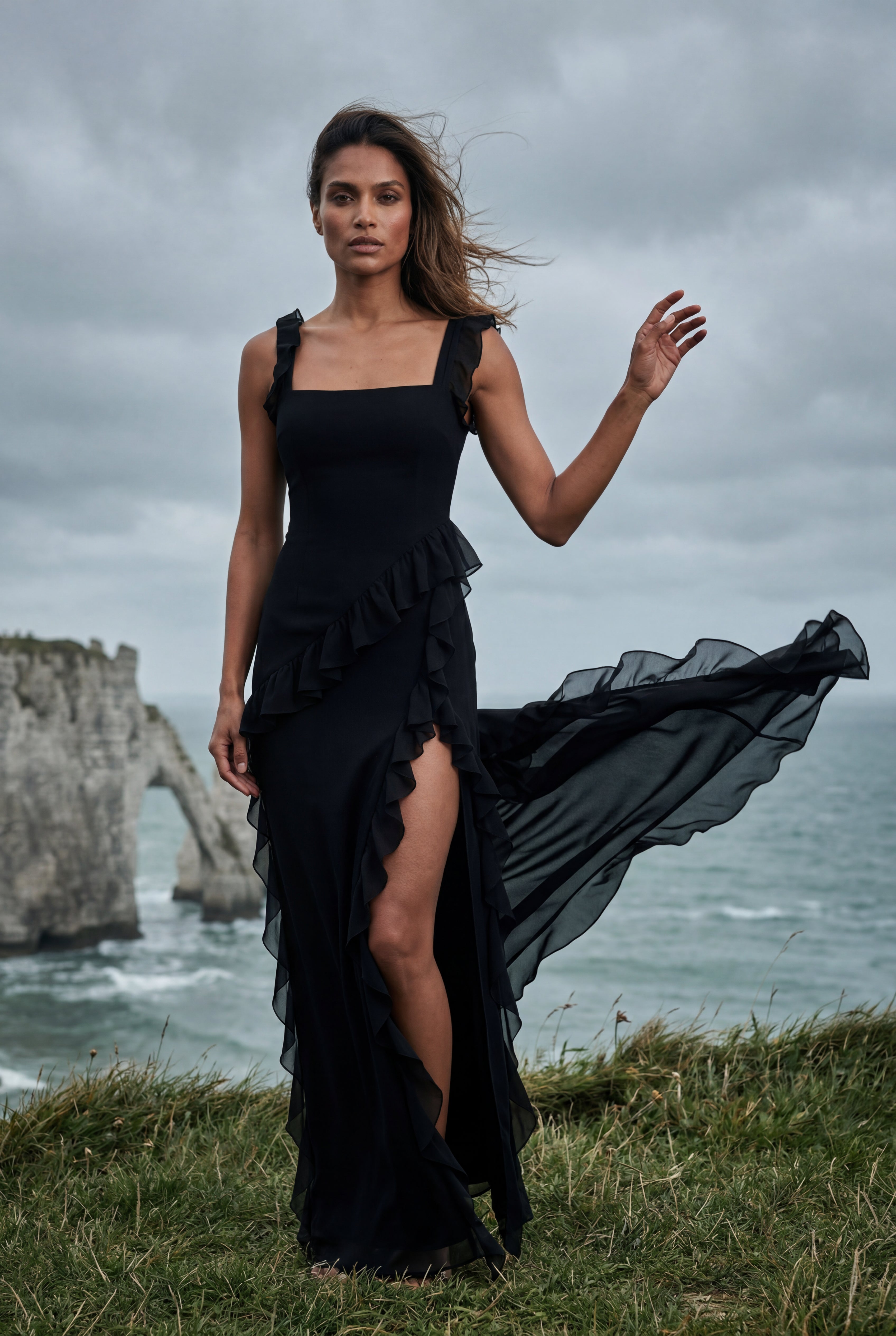 Elcevi | Asymmetric Ruffle Maxi Dress with High Slit For Women