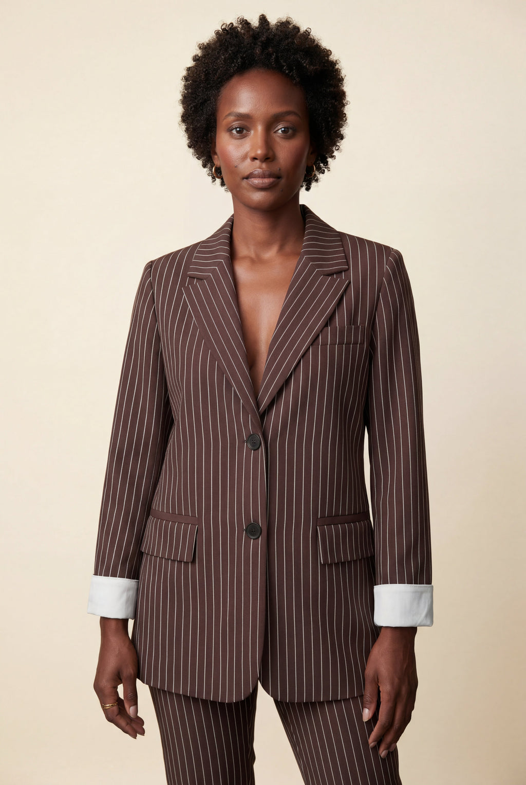Elcevi | Brown Pinstripe Single-breasted Blazer with Contrast Cuffs For Women