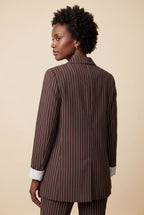 Elcevi | Brown Pinstripe Single-breasted Blazer with Contrast Cuffs For Women