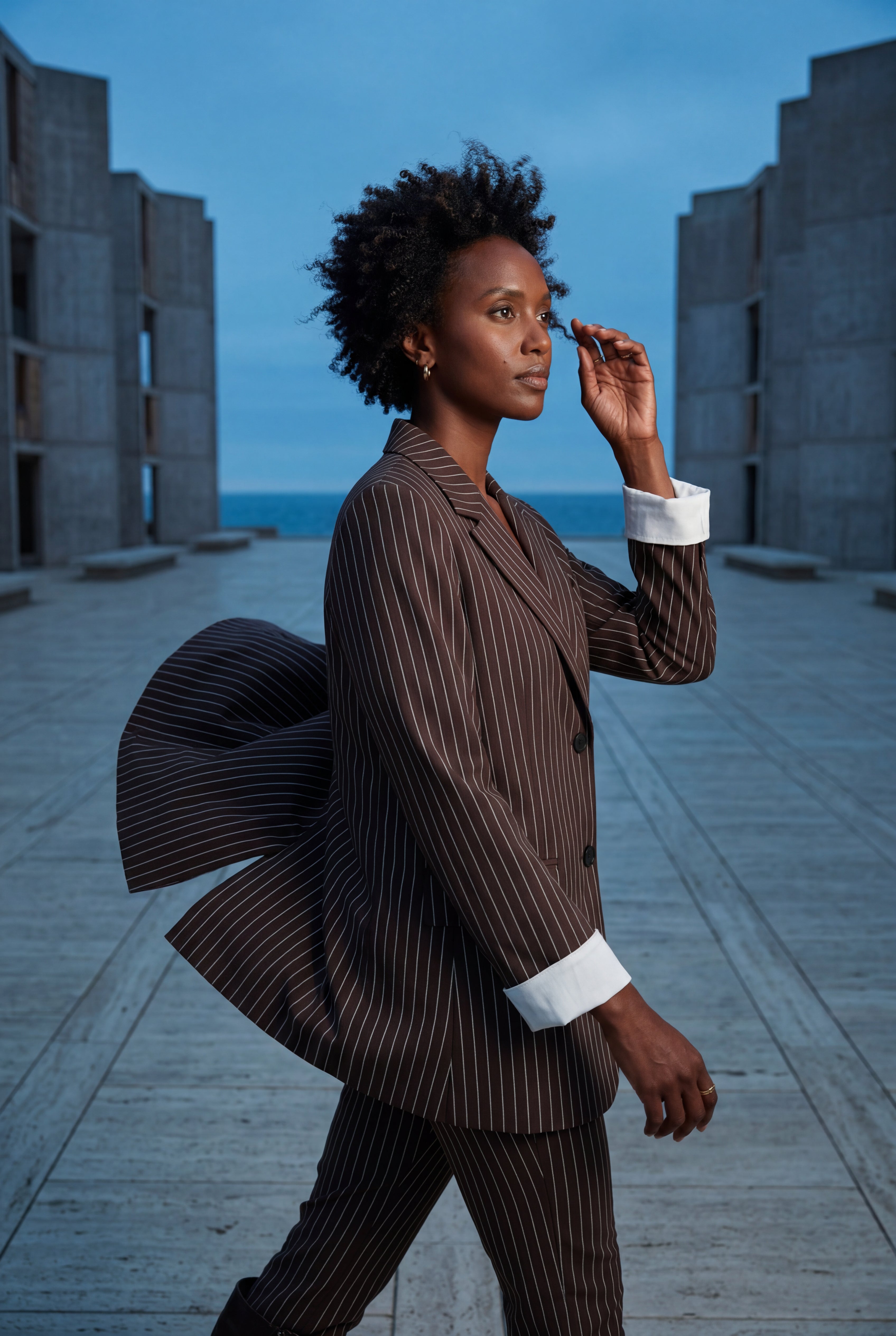Elcevi | Brown Pinstripe Single-breasted Blazer with Contrast Cuffs For Women