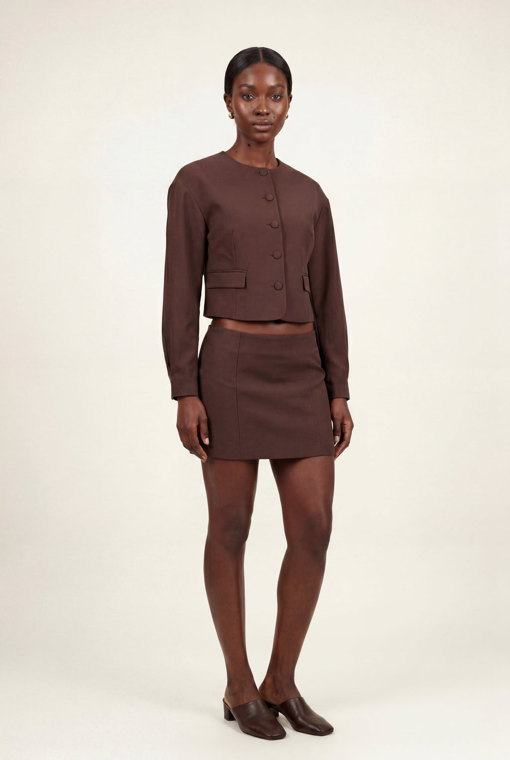 Chocolate Brown Cropped Blazer and Mini Skirt Set | Elcevi