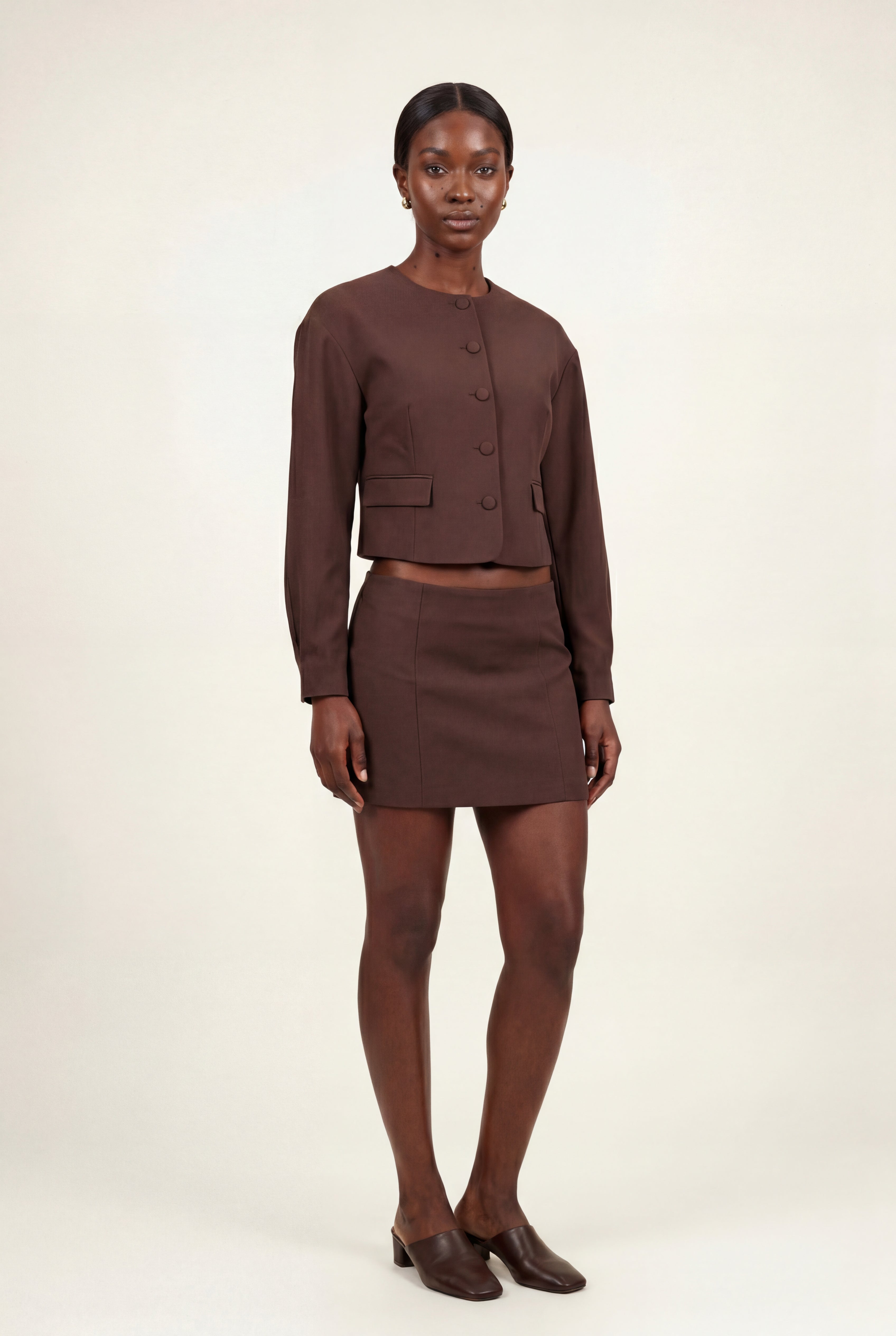 Chocolate Brown Cropped Blazer and Mini Skirt Set | Elcevi