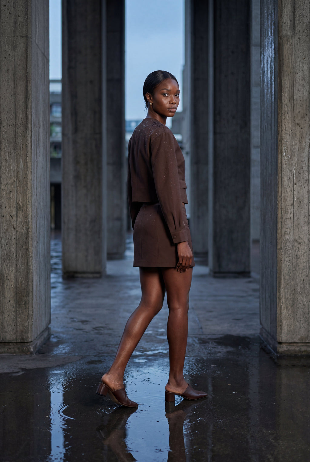 Chocolate Brown Cropped Blazer and Mini Skirt Set | Elcevi