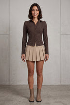 Lisa | Chocolate Brown Ribbed Button-up Peplum Blouse