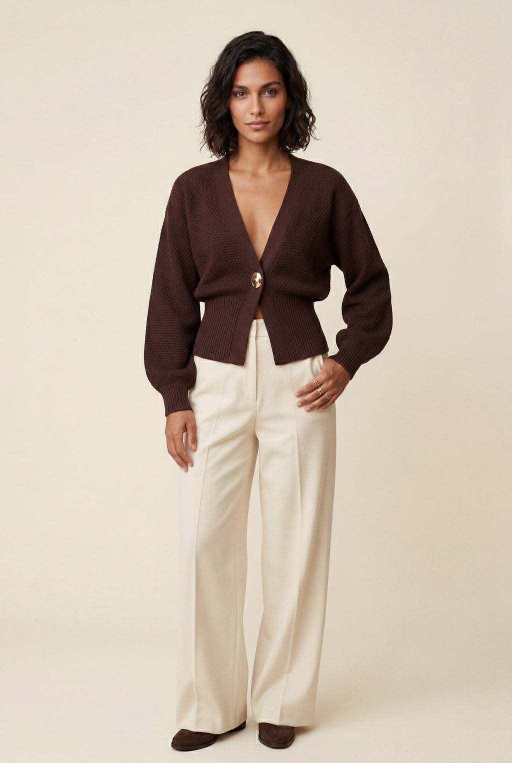 Deep V-neck Gold Button Cardigan Sweater | Senna
