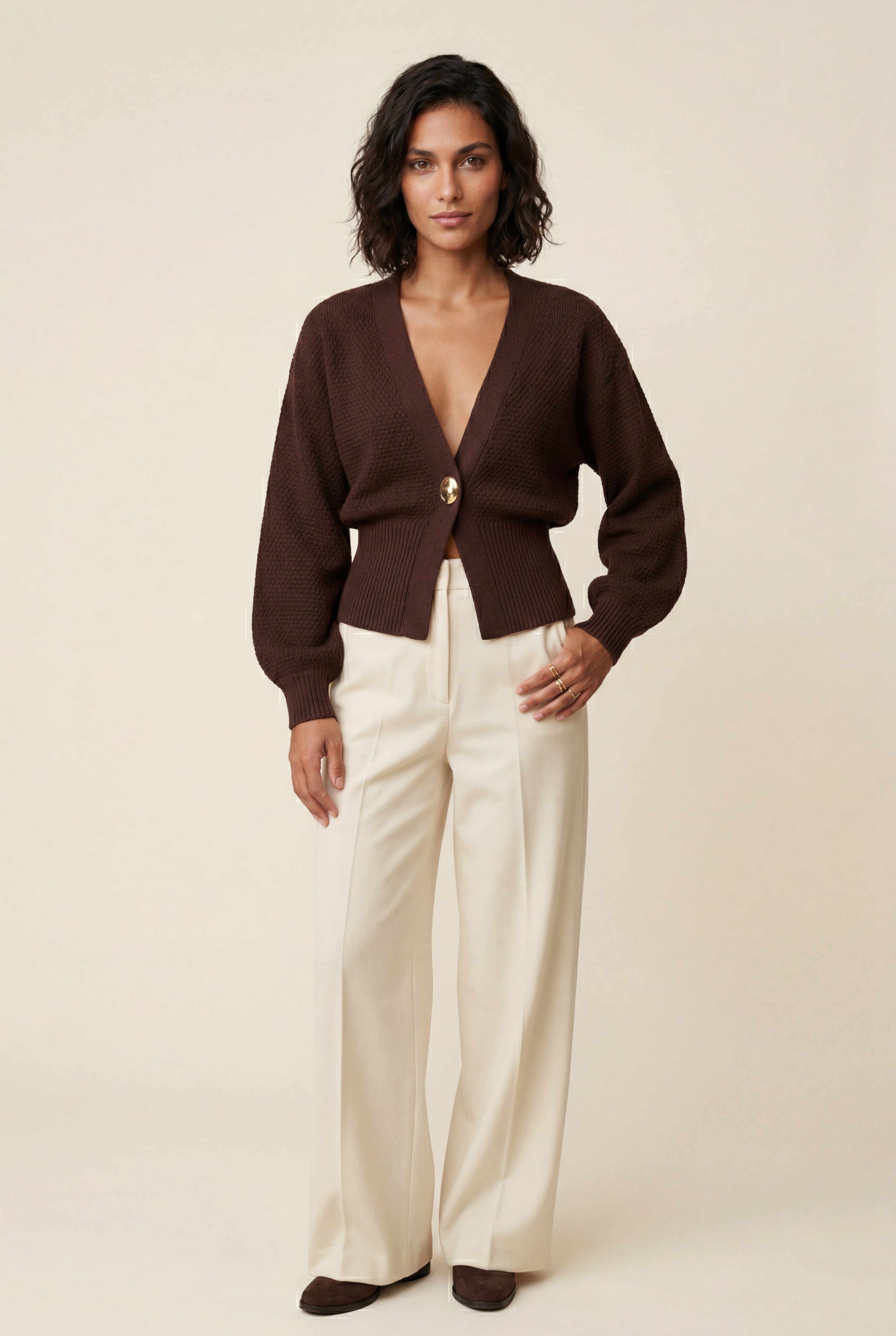 Deep V-neck Gold Button Cardigan Sweater | Senna