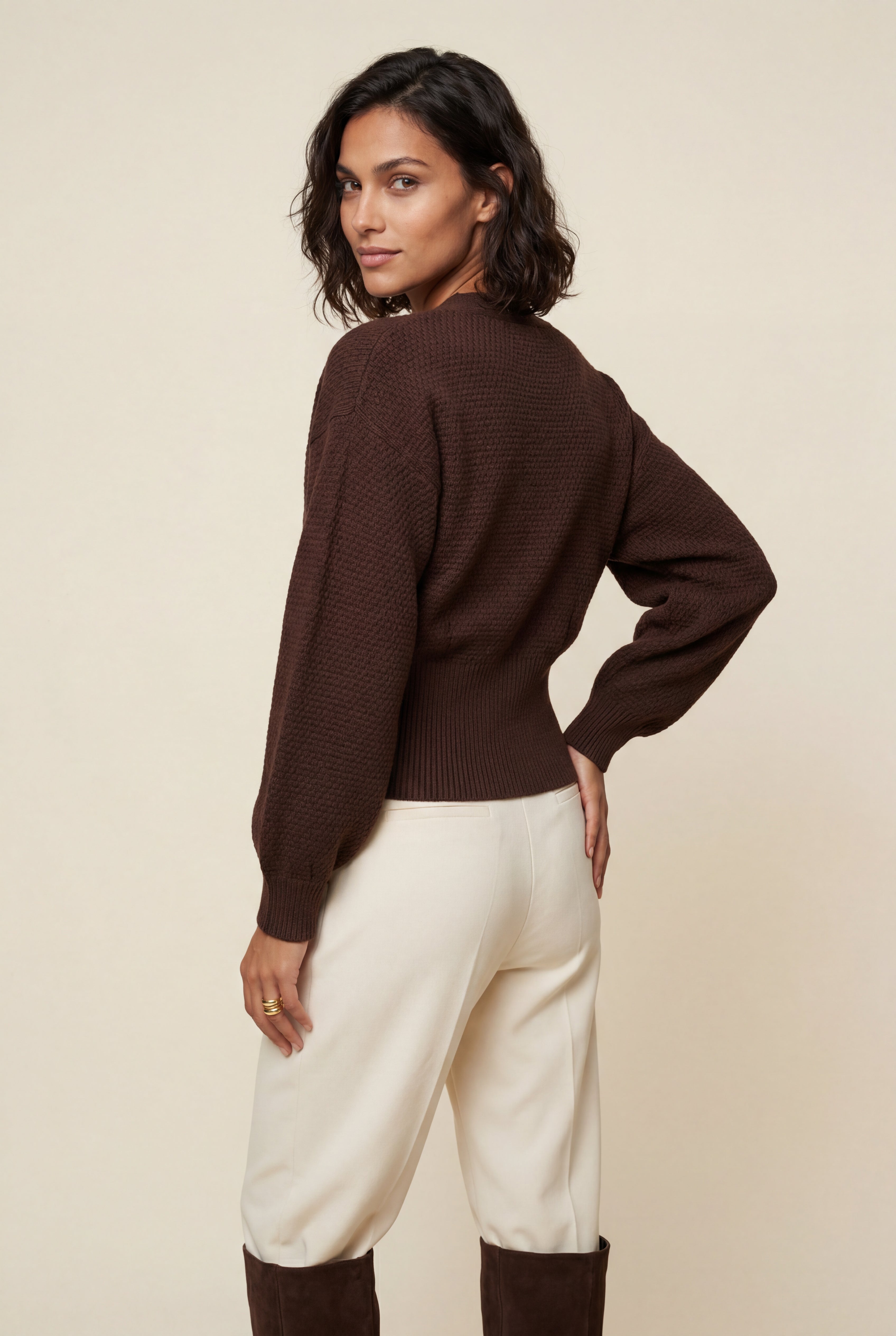 Deep V-neck Gold Button Cardigan Sweater | Senna