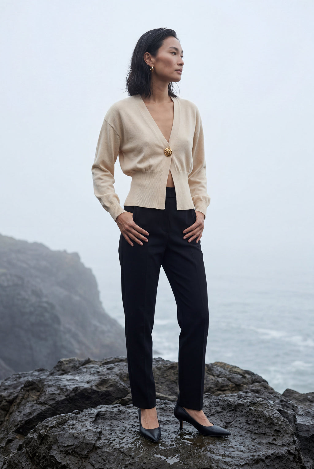 Deep V-neck Gold Button Cardigan Sweater | Senna