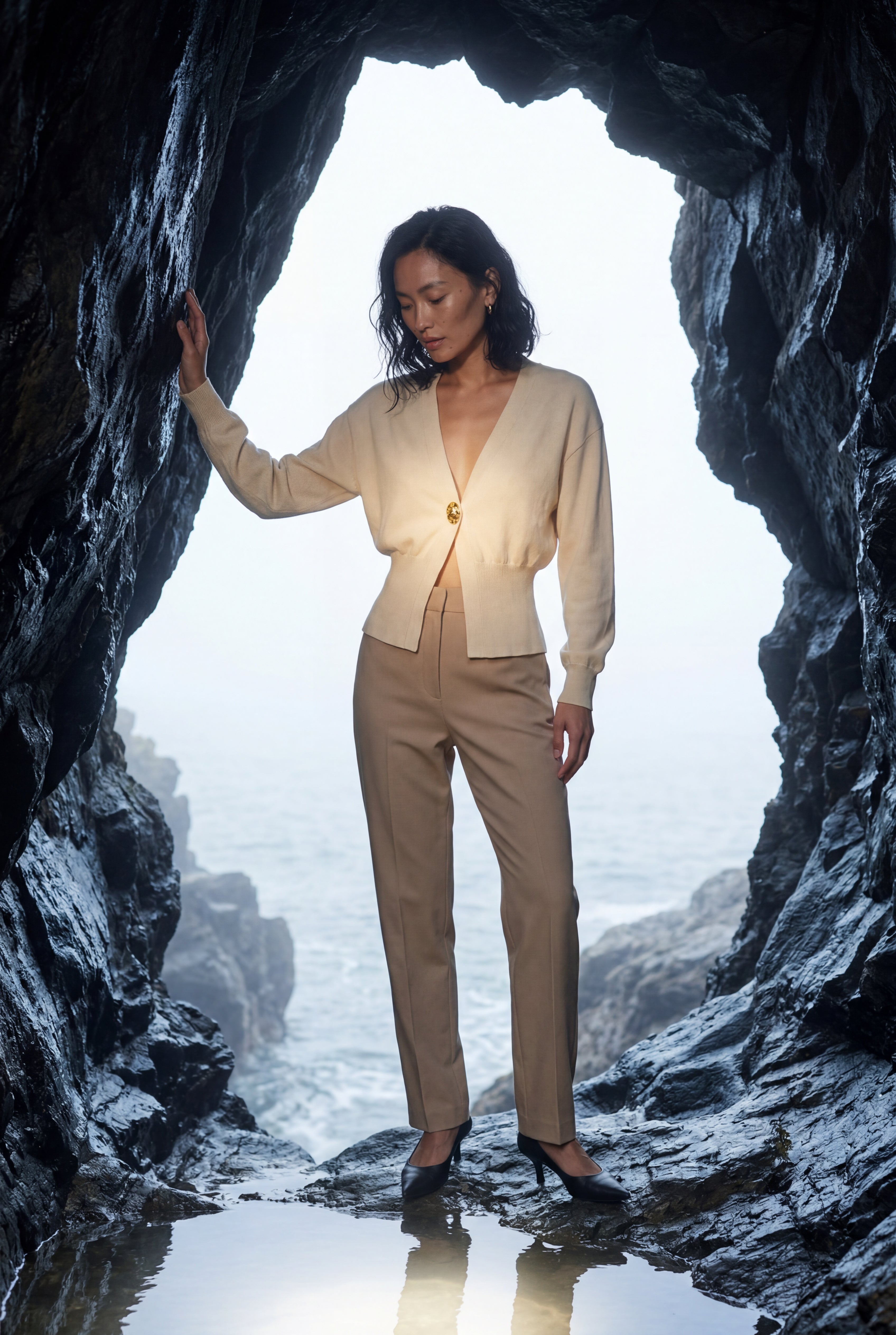 Deep V-neck Gold Button Cardigan Sweater | Senna