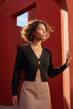Deep V-neck Gold Button Cardigan Sweater | Senna