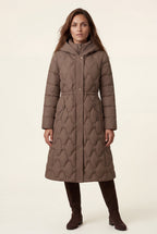 Geometric Quilted Calf-length Puffer Coat with Hood | Elcevi