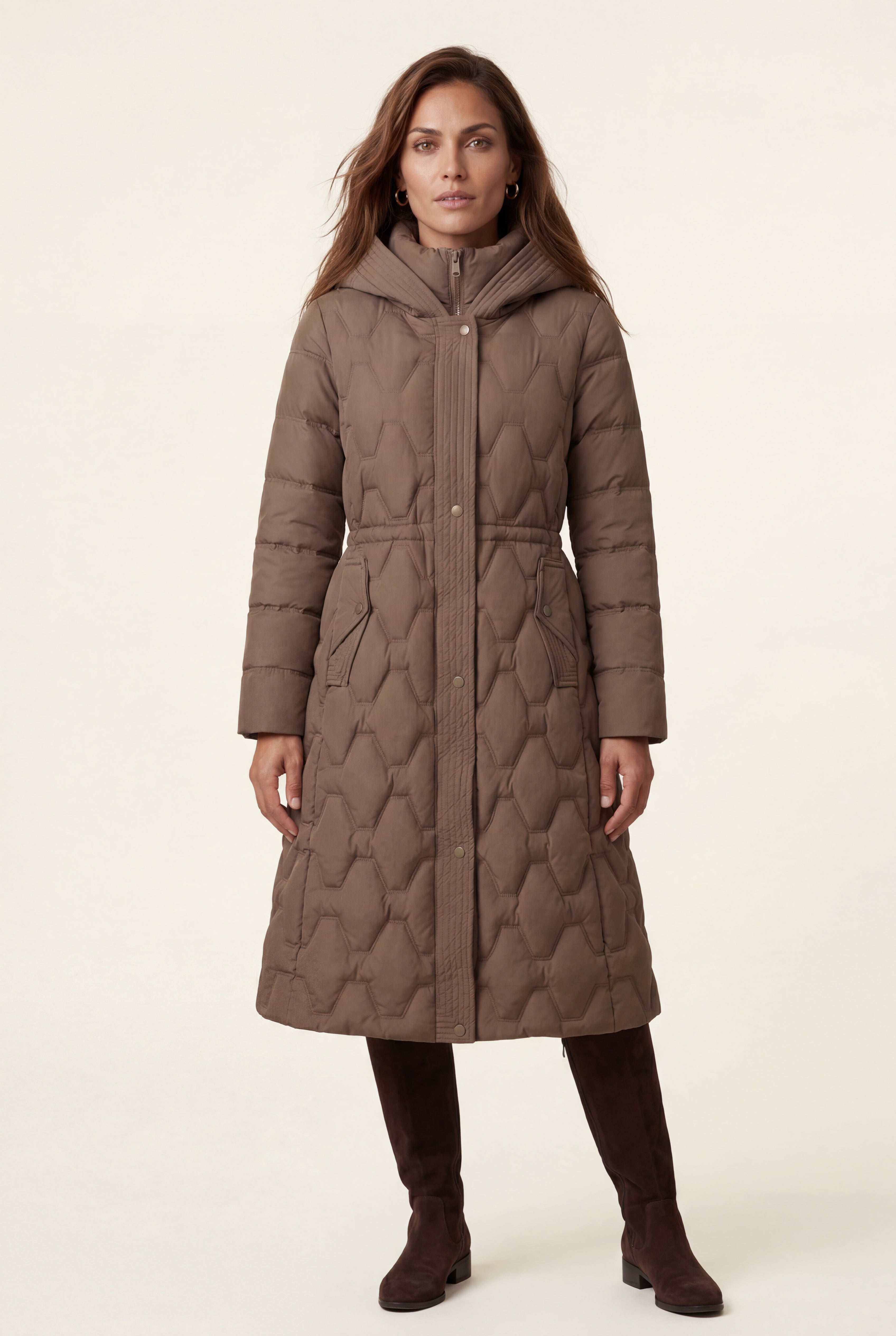 Geometric Quilted Calf-length Puffer Coat with Hood | Elcevi