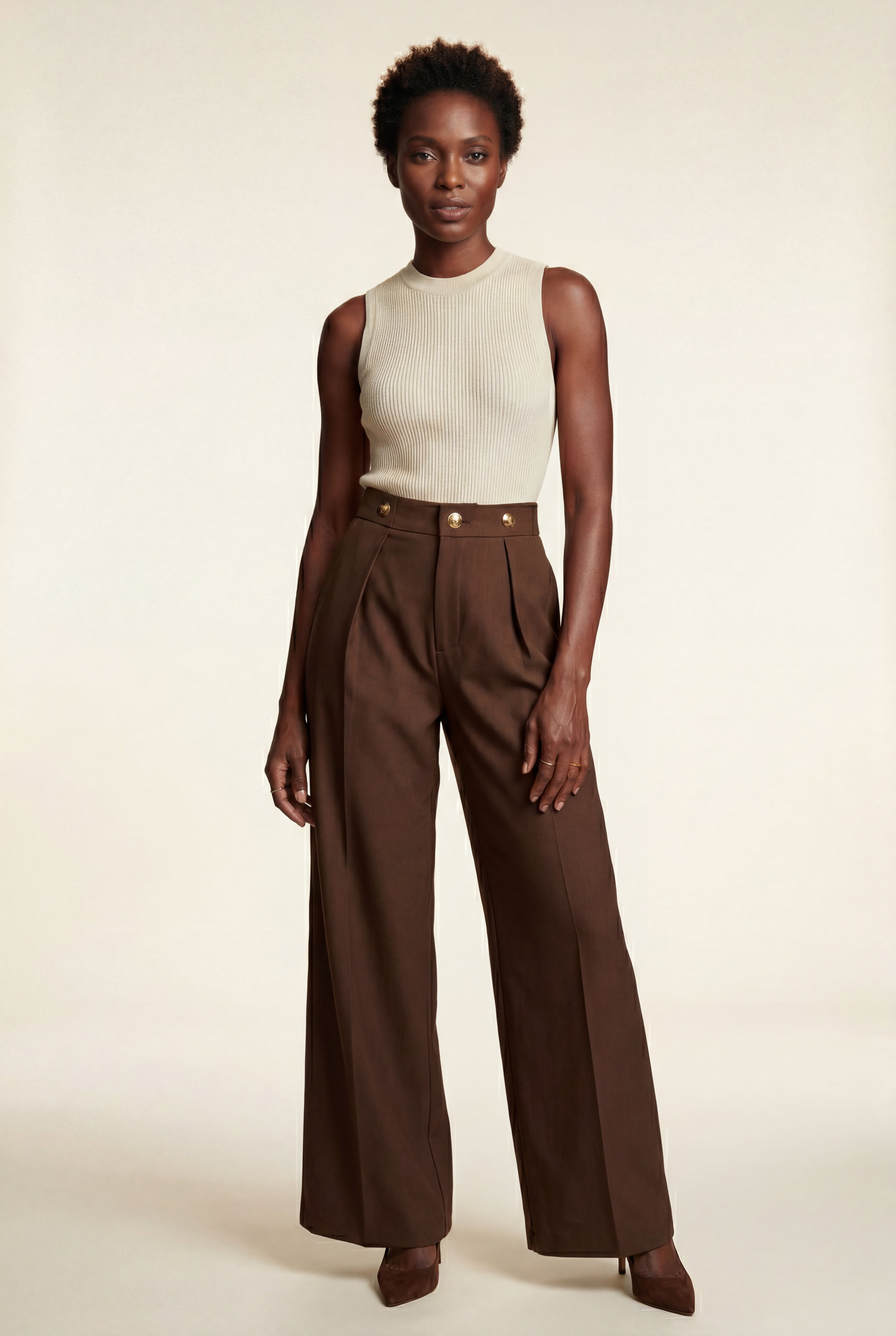 Lia | Gold Button Wide-leg High-waisted Trousers Brown