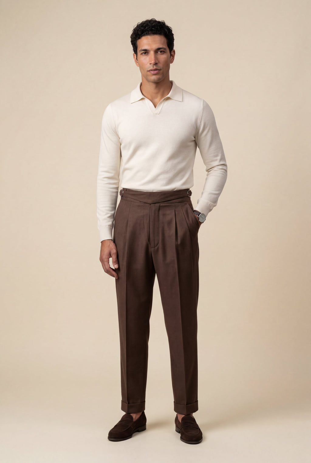 Liam | High-rise Pleated Brown Trousers with Cuffed Tapered Leg