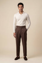 Liam | High-rise Pleated Brown Trousers with Cuffed Tapered Leg