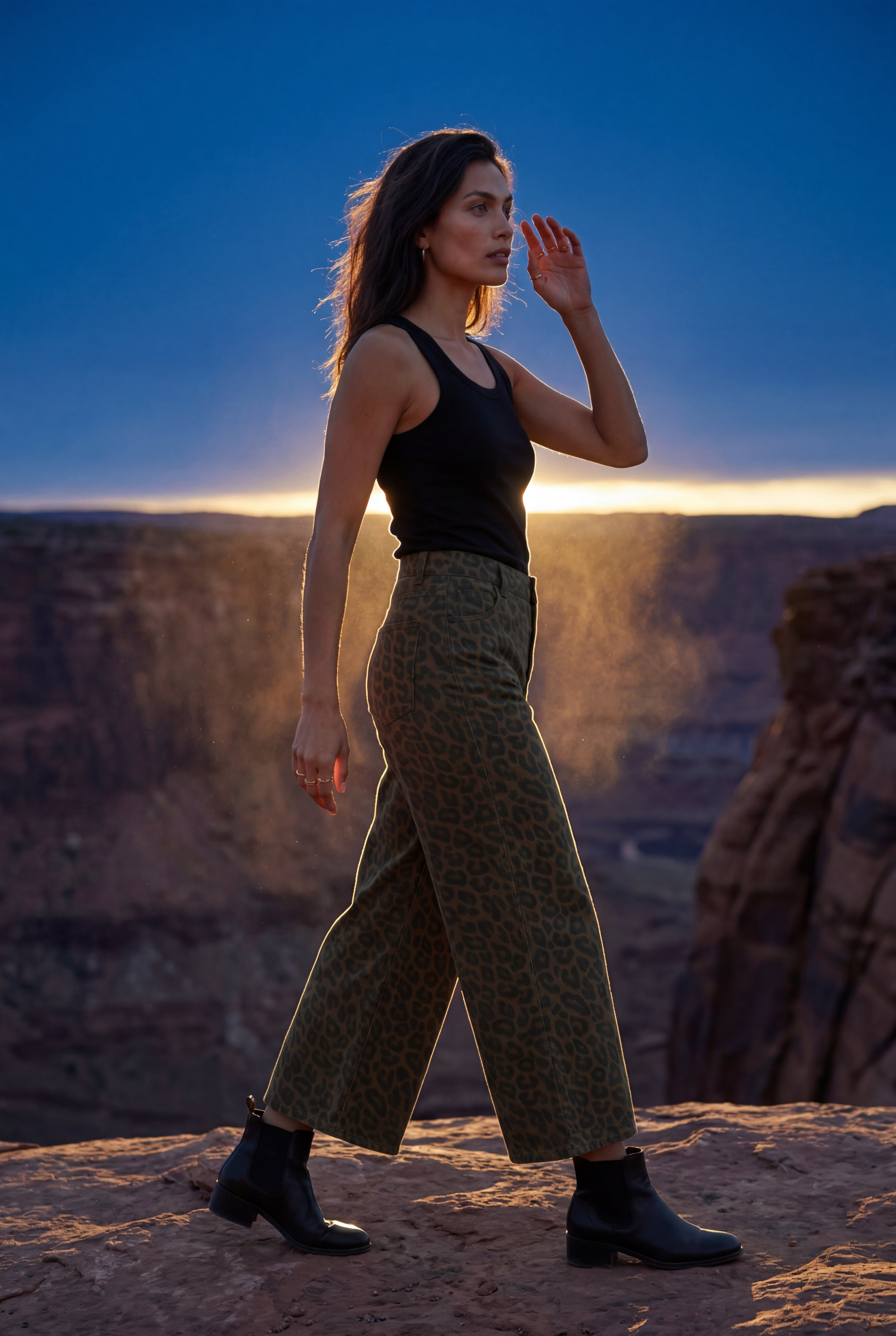 Lia | Olive Green Leopard Print Wide-leg High-waisted Trousers