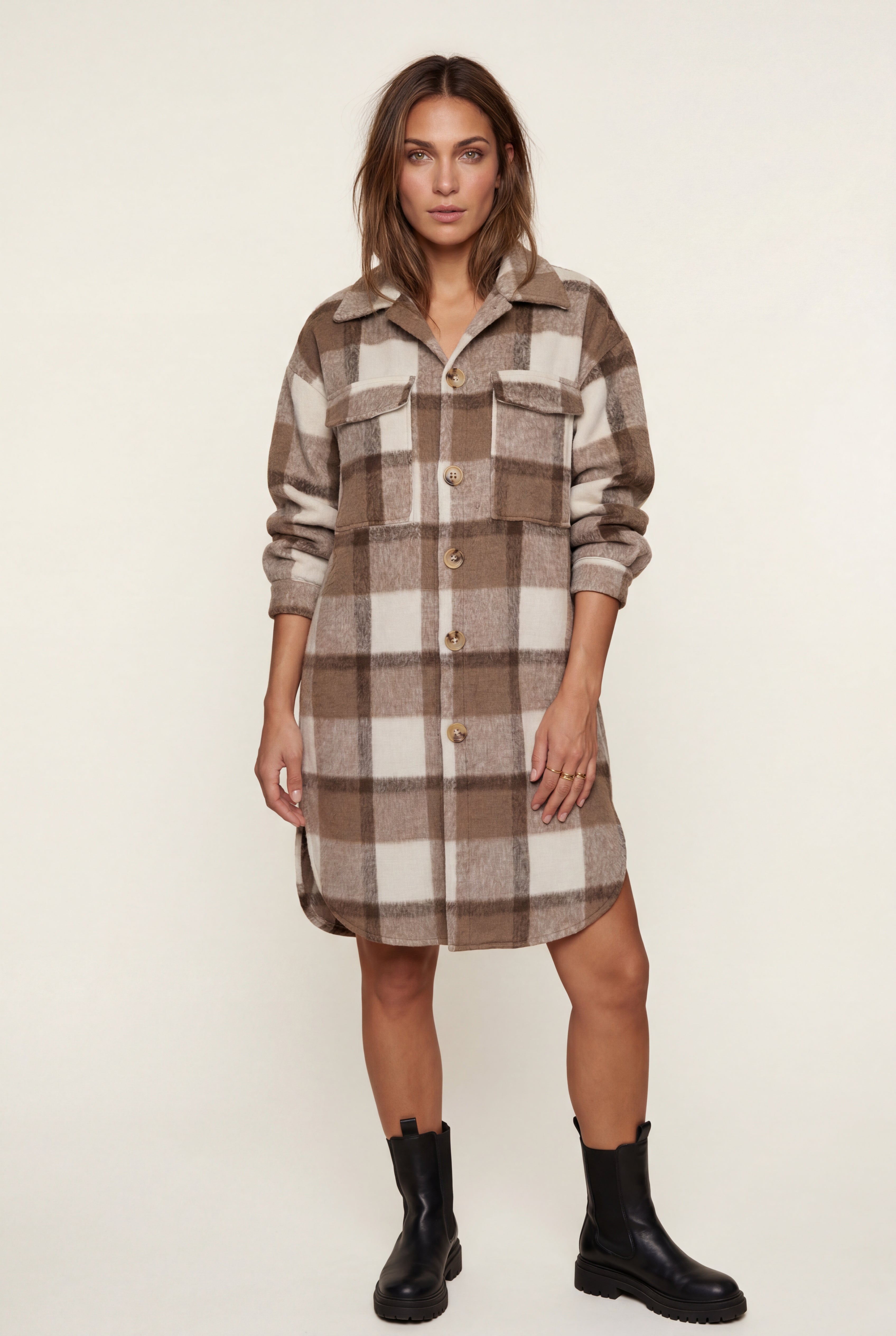 Kim | Oversized Plaid Shirt Coat with Patch Pockets