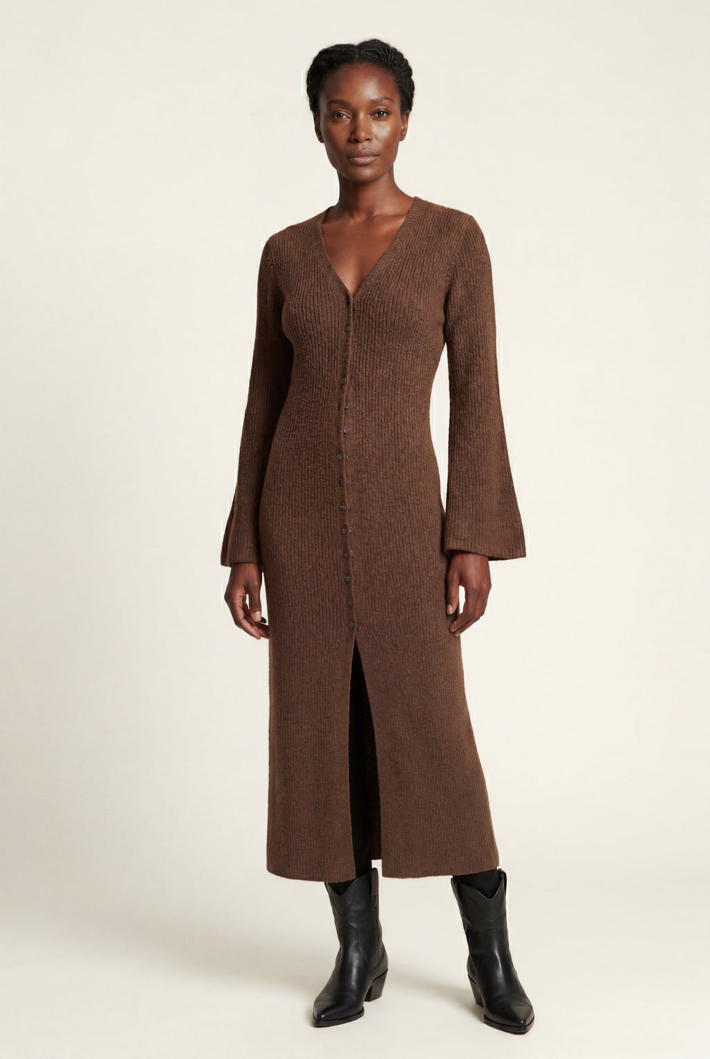 Ribbed Maxi Cardigan with Flared Sleeves | Senna