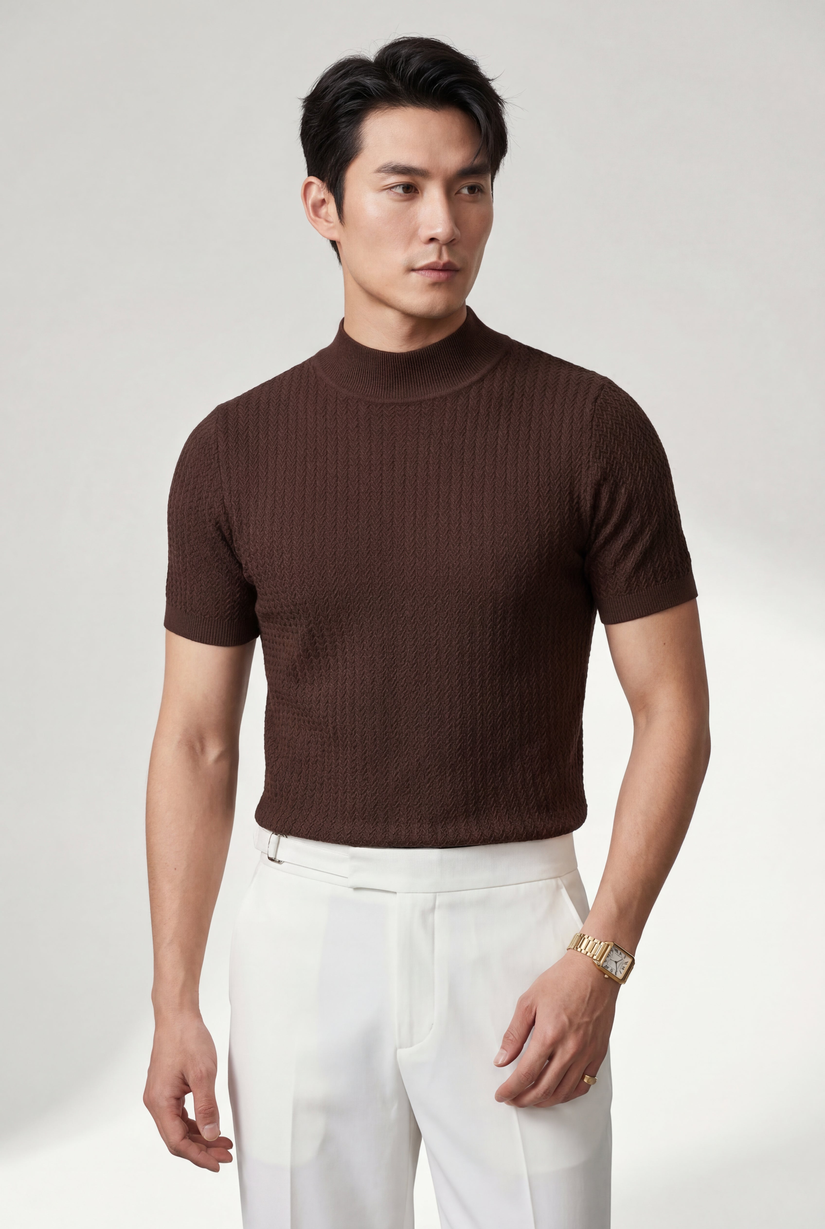 Ribbed Mock Neck Short Sleeve Sweater Shirt | James